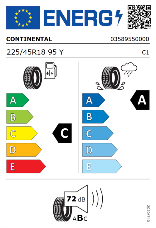 Tyre Label for Continental PremiumContact 6 225/45R18 95Y