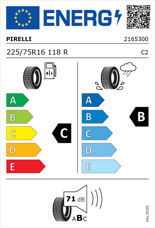 Tyre Label for Pirelli Carrier 225/75R16 118R