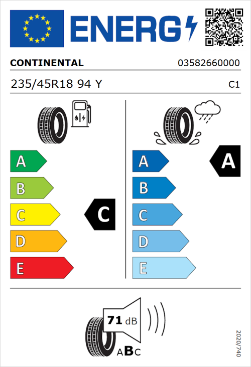 Tyre Label for Continental PremiumContact 6 235/45R18 94Y