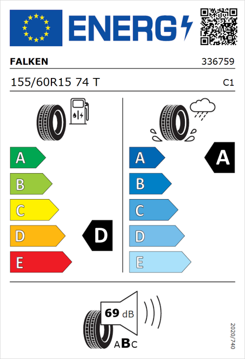 Tyre Label for Falken Sincera-SN110 155/60R15 74T