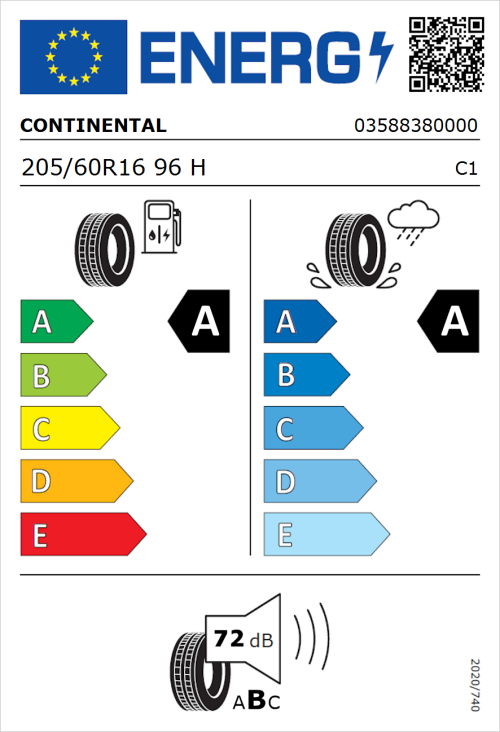 Tyre Label for Continental PremiumContact 6 205/60R16 96H