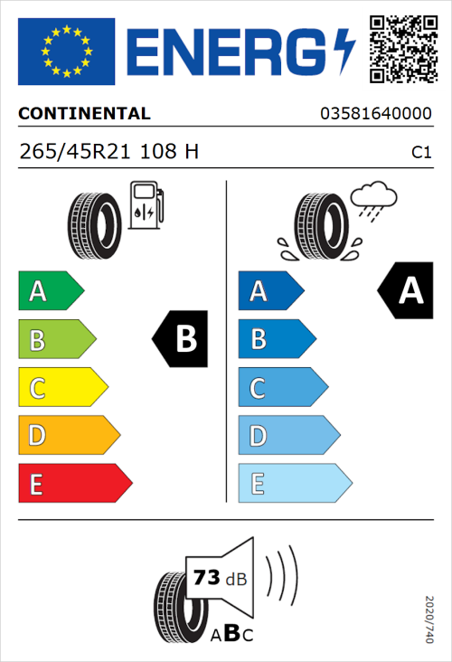Tyre Label for Continental PremiumContact 6 265/45R21 108H