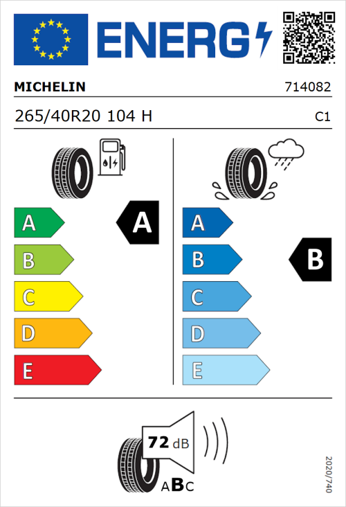 Tyre Label for Michelin Pilot Sport EV 265/40R20 104H