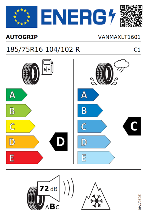 Tyre Label for Autogrip Vanmax 185/75R16 104/102R