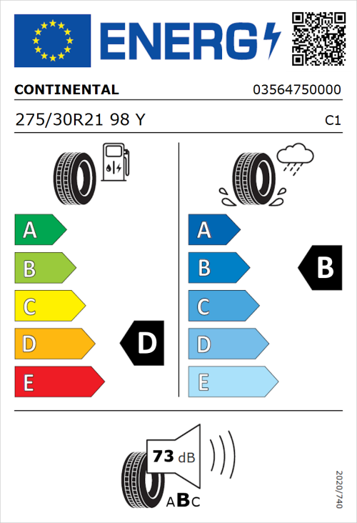 Tyre Label for Continental ContiSportContact 5 P Silent 275/30R21 98Y
